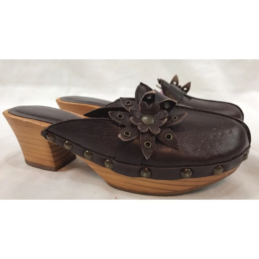 Zara Wood Sole Slide Mules 5.5-6 36 Sandals Brown Leather Shoes Flower Toe Spain - Picture 4 of 11